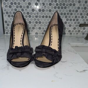 Enzo Angiolini Eamielee pretty suede open toe heel with ruffle bow vamp